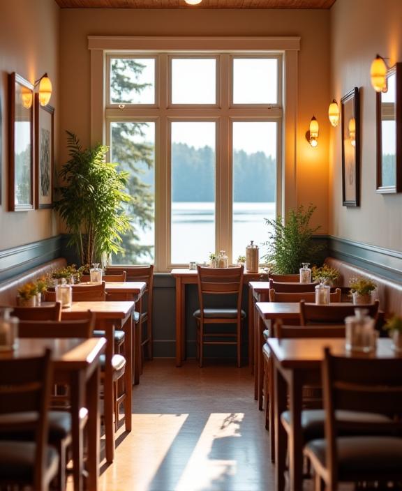 Gemütliche Inneneinrichtung des Café Bellevue mit Holztischen und bequemen Stühlen.