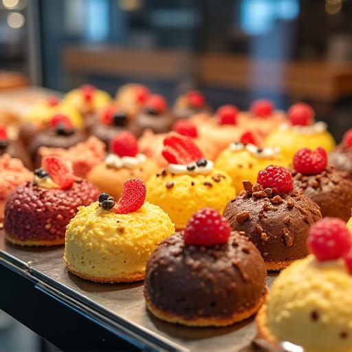 Eine Auswahl an frischen Kuchen und Torten in einer Vitrine.