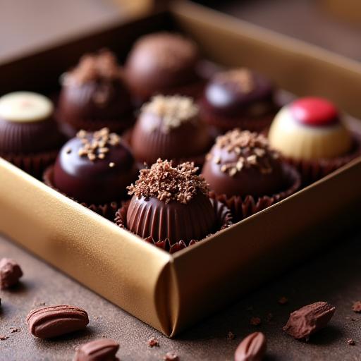 Eine Schachtel mit verschiedenen handgemachten Schokoladenpralinen.